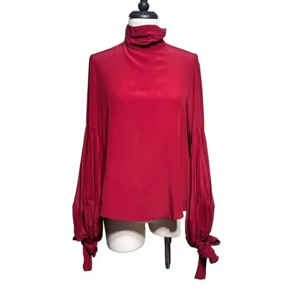 MNG Suit Red Sexy Moc Turtleneck Balloon Sleeve Silk Blouse  Size 4